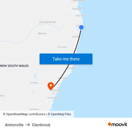 Alstonville to Glenbrook map