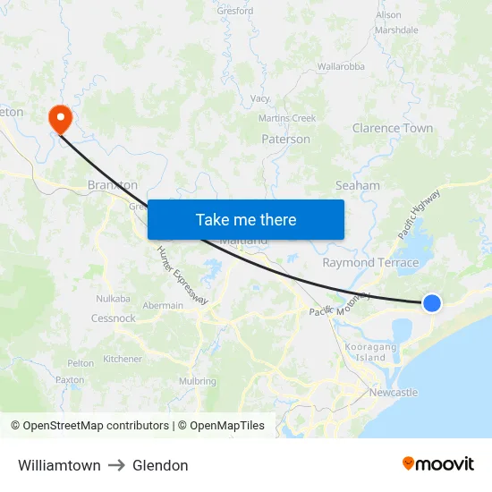 Williamtown to Glendon map