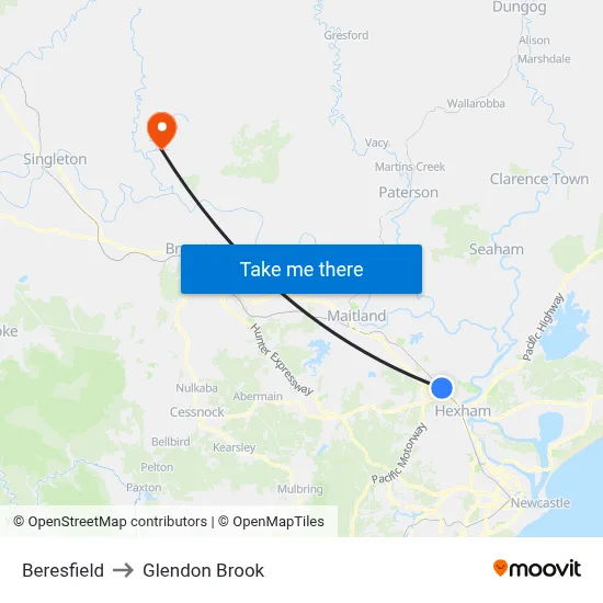 Beresfield to Glendon Brook map