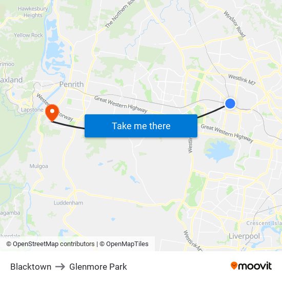 Blacktown to Glenmore Park map