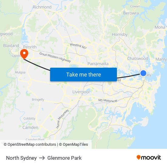 North Sydney to Glenmore Park map