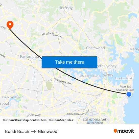 Bondi Beach to Glenwood map