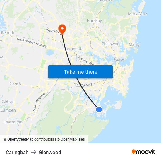 Caringbah to Glenwood map