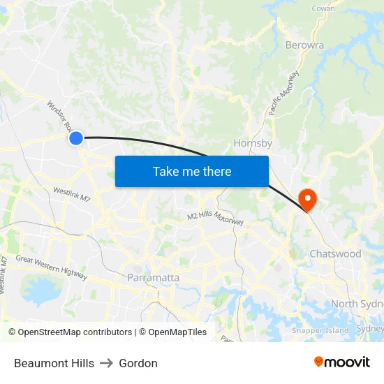 Beaumont Hills to Gordon map