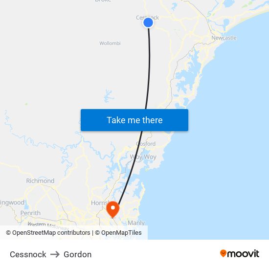 Cessnock to Gordon map