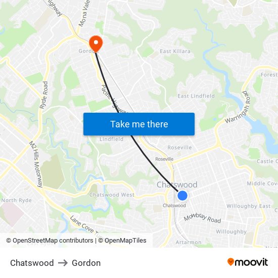 Chatswood to Gordon map