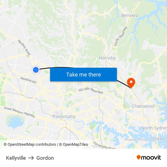 Kellyville to Gordon map