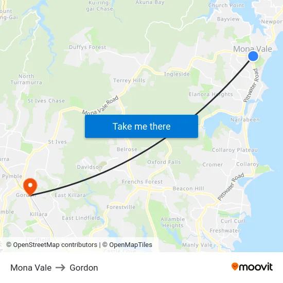 Mona Vale to Gordon map