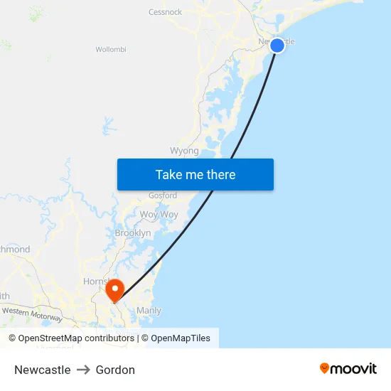 Newcastle to Gordon map