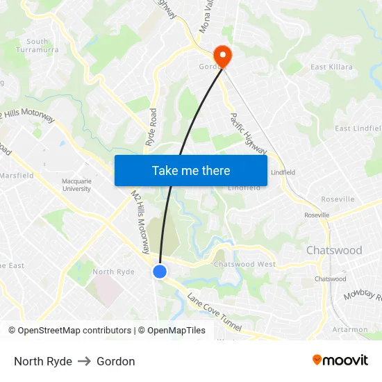 North Ryde to Gordon map