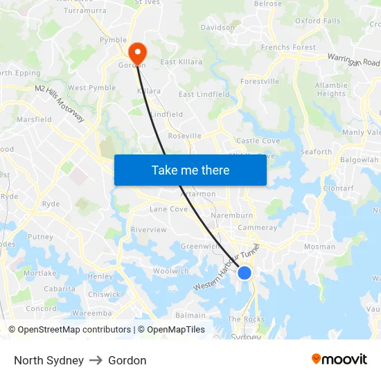 North Sydney to Gordon map