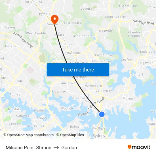 Milsons Point Station to Gordon map