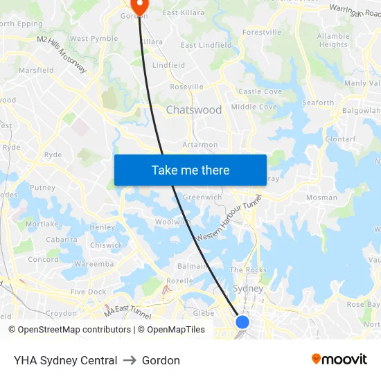 YHA Sydney Central to Gordon map