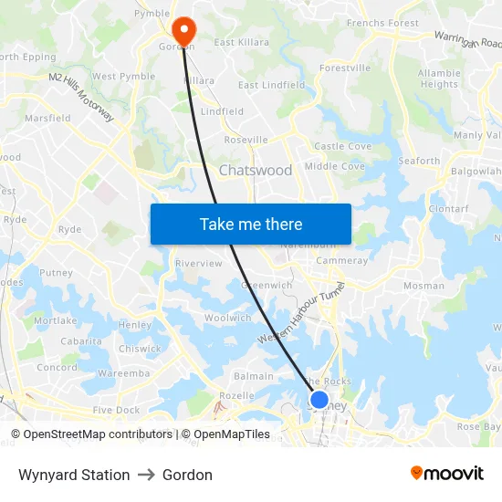 Wynyard Station to Gordon map