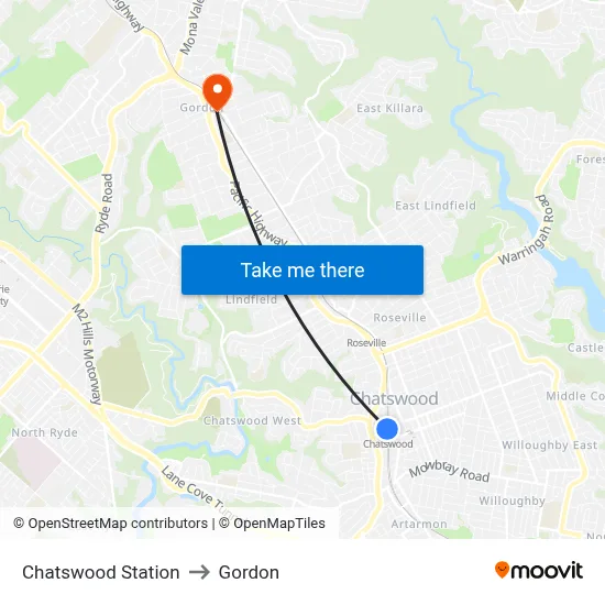 Chatswood Station to Gordon map