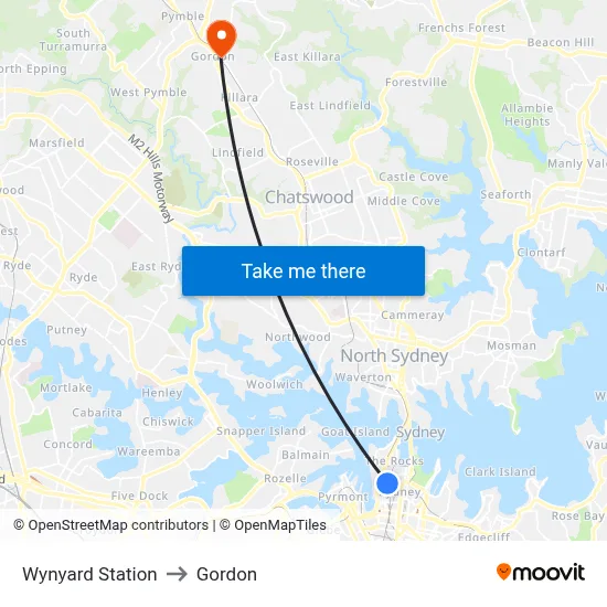 Wynyard Station to Gordon map