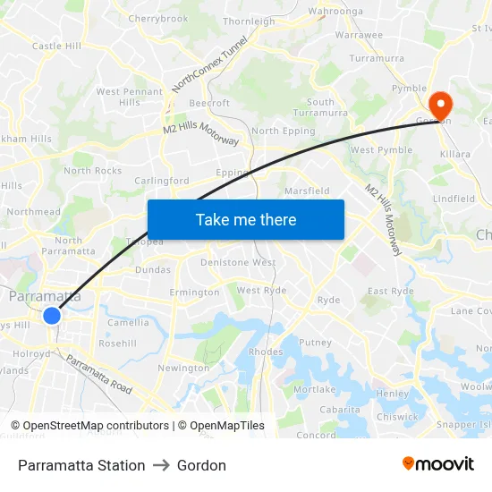 Parramatta Station to Gordon map