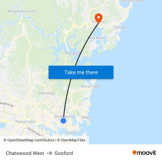 Chatswood West to Gosford map