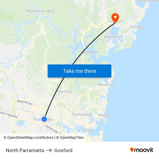 North Parramatta to Gosford map