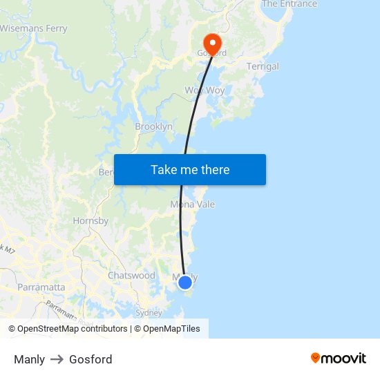 Manly to Gosford map