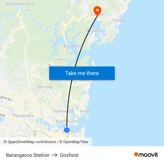Barangaroo Station to Gosford map