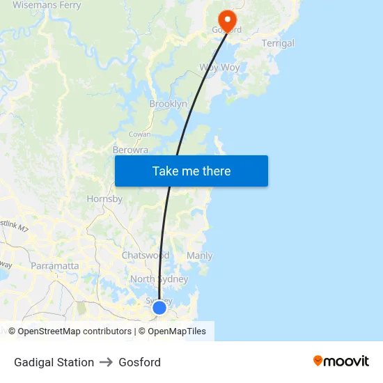 Gadigal Station to Gosford map
