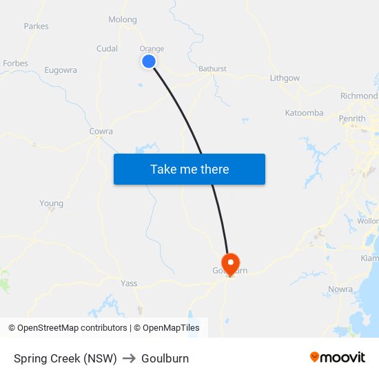 Spring Creek (NSW) to Goulburn map