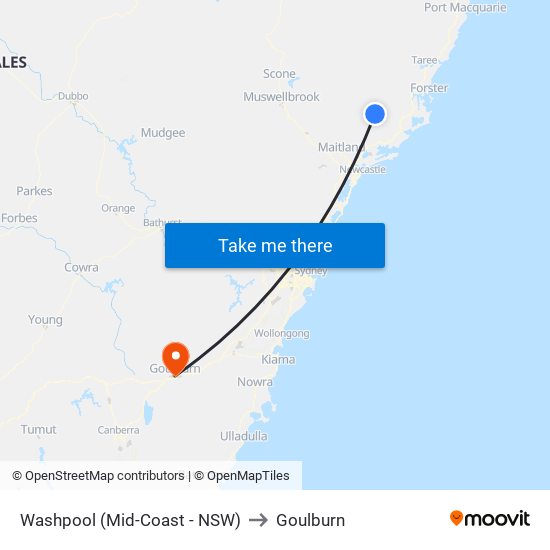 Washpool (Mid-Coast - NSW) to Goulburn map