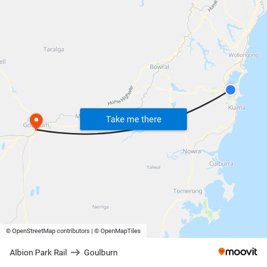 Albion Park Rail to Goulburn map