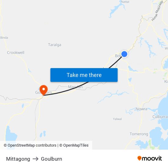 Mittagong to Goulburn map