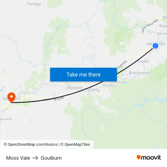 Moss Vale to Goulburn map