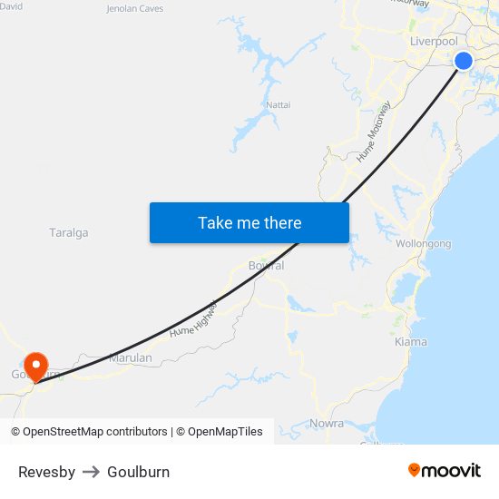 Revesby to Goulburn map