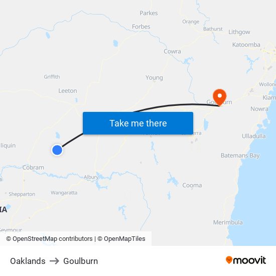 Oaklands to Goulburn map