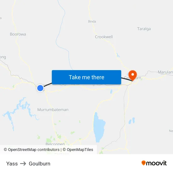 Yass to Goulburn map