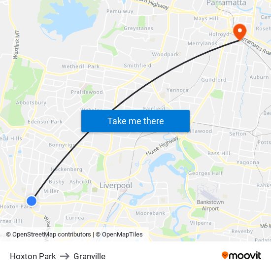 Hoxton Park to Granville map