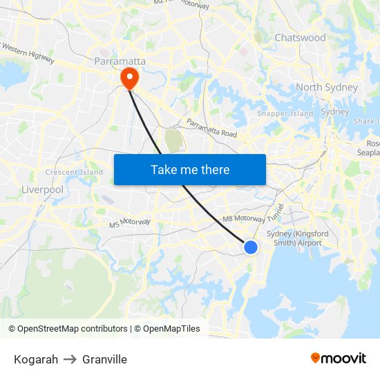 Kogarah to Granville map