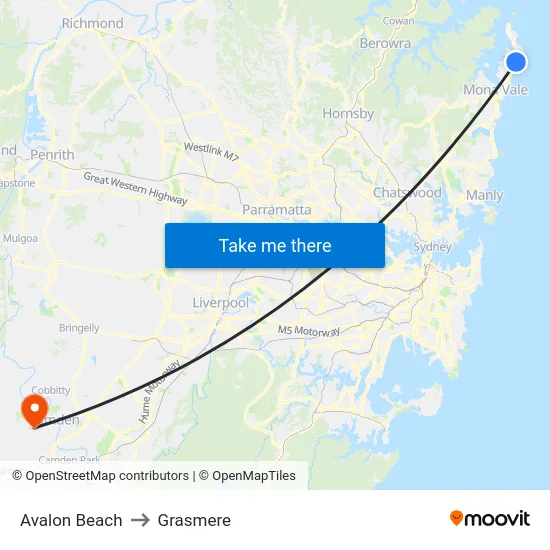Avalon Beach to Grasmere map