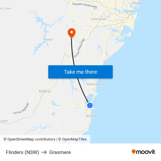 Flinders (NSW) to Grasmere map