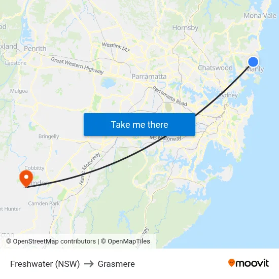 Freshwater (NSW) to Grasmere map