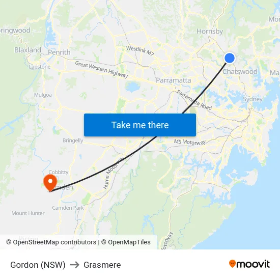 Gordon (NSW) to Grasmere map