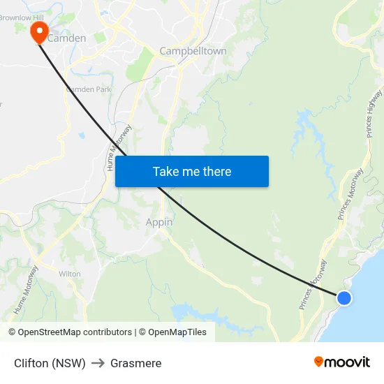 Clifton (NSW) to Grasmere map