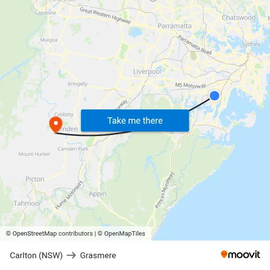 Carlton (NSW) to Grasmere map