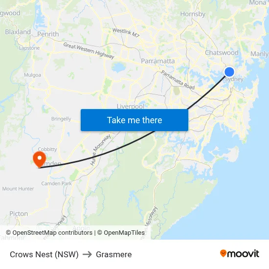 Crows Nest (NSW) to Grasmere map