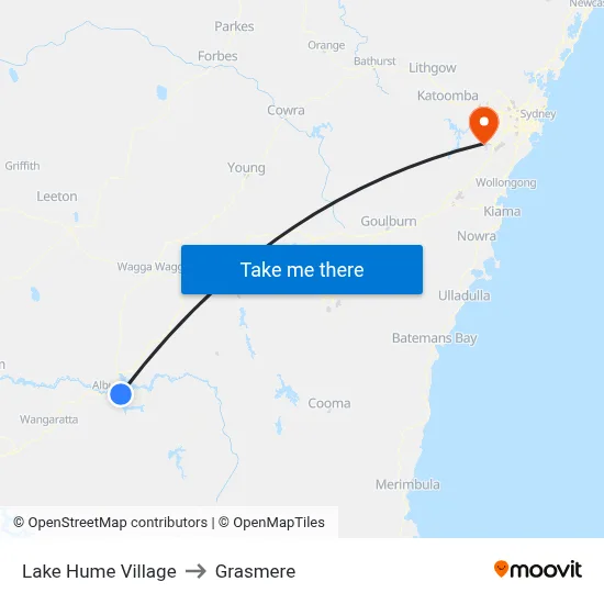 Lake Hume Village to Grasmere map