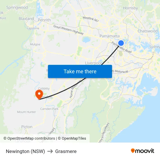 Newington (NSW) to Grasmere map