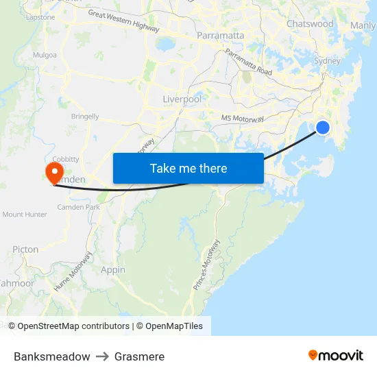 Banksmeadow to Grasmere map