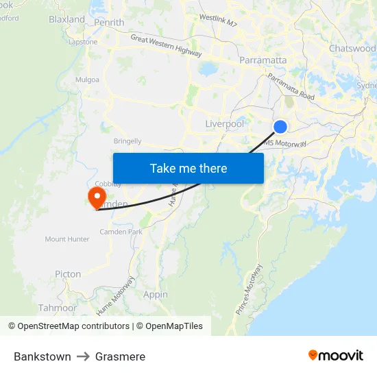 Bankstown to Grasmere map