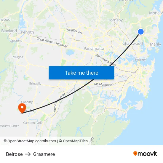 Belrose to Grasmere map