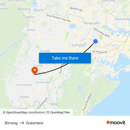 Birrong to Grasmere map