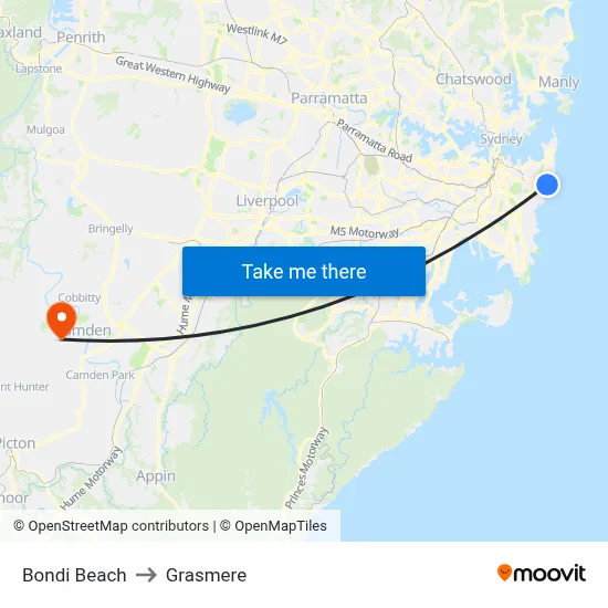 Bondi Beach to Grasmere map